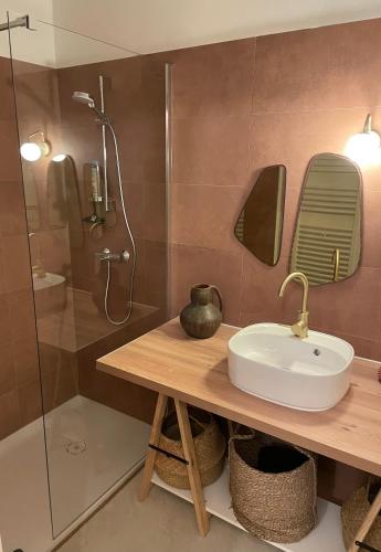 une salle de bain avec un lavabo et une douche dans l'établissement Au cœur de ste Max, la Terracota 4 pers avec parking, à Sainte-Maxime