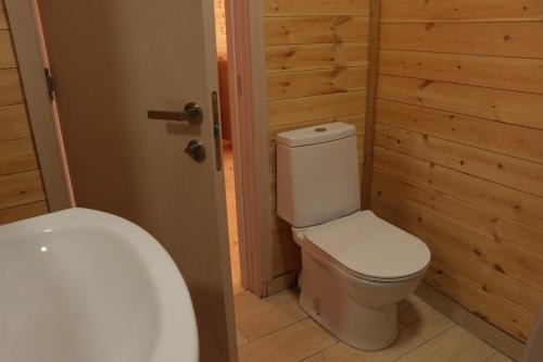 a bathroom with a toilet in a wooden room at Cottage Deera in Mestia