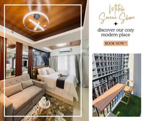 a collage of pictures of a bedroom and a living room at Mitch serene shore in Manila