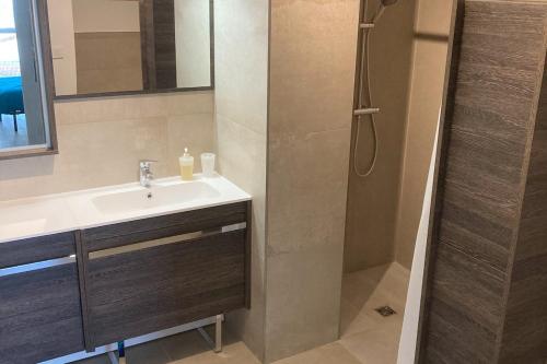 a bathroom with a sink and a shower at Entre ville et océan, 3 étoiles, lumineux et calme en plein centre-ville in Saint-Médard-en-Jalles