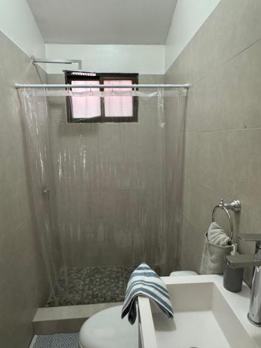 a bathroom with a shower with a toilet and a sink at Casa Rosa Del Mar in Coco