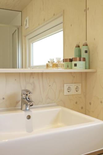 a bathroom with a sink and a mirror at Zondag aan Zee - Ecohuisjes Terschelling in Midsland