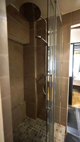 une douche avec une porte vitrée dans une salle de bain dans l'établissement 01 Grand studio at Rambuteau, à Paris