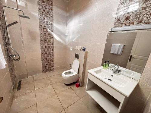 a bathroom with a toilet and a sink and a shower at Residence Tozeur Almadina in Tozeur