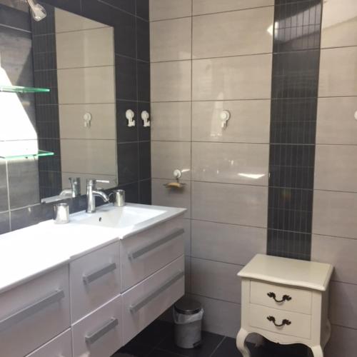 une salle de bain avec un lavabo et un miroir et des toilettes dans l'établissement Maison de Charme, à Colomiers