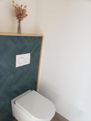 La salle de bains est pourvue de toilettes blanches et d'un mur vert. dans l'établissement Agréable maison bien située, à Capbreton