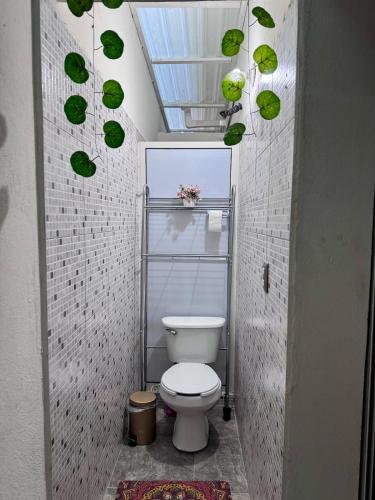 a bathroom with a toilet with green leaves on the ceiling at Casa Josefina Allende Nuevo Leon in Allende