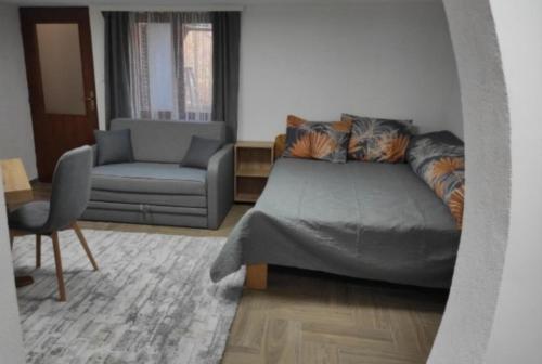 a bedroom with a bed and a couch and a chair at Studio Maljković in Knjazevac.