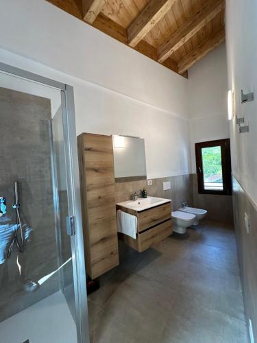 a bathroom with a sink and a toilet and a mirror at Colere Ski e Trekking 714 e 715 in Colere