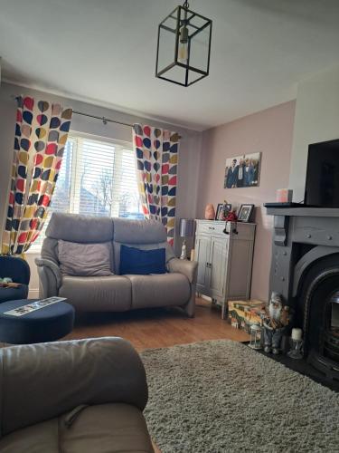 Una sala de estar con un sofá y una chimenea. en Aine's, en Waterford