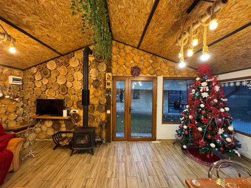 a living room with a christmas tree and a fireplace at Complex Brădișor in Malaia