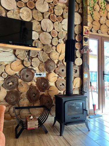 a fireplace in a living room with a log wall at Complex Brădișor in Malaia