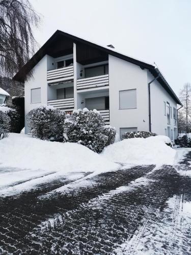 a snow covered driveway in front of a house at Fewo Kuhlmann in Willingen