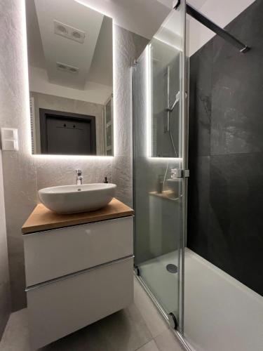 a bathroom with a sink and a shower at Happy Moments - widokowy apartament in Jelenia Góra