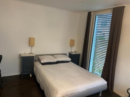 a bedroom with a bed and a large window at Studio with private garden & free parking in Köniz