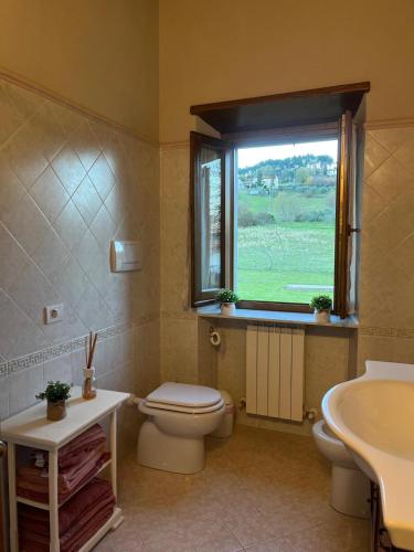 a bathroom with a toilet and a window and a sink at Antica Vigna Toscana in Poppi