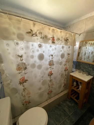 a bathroom with a toilet and a shower curtain at casa cepeda in Colón