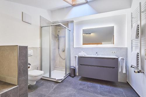 a bathroom with a shower and a toilet and a sink at Gästehaus Angerer in Reit im Winkl