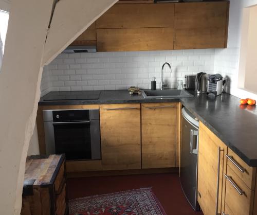 une cuisine avec des armoires en bois et un évier dans l'établissement Loft Duplex Centre Paris, à Paris