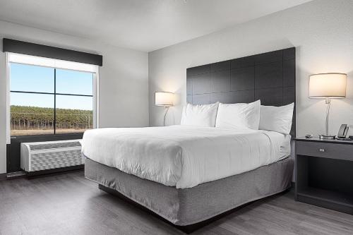 a bedroom with a large bed and a large window at Riverstone Suites by Cobblestone Hotels - Chippewa Falls in Chippewa Falls