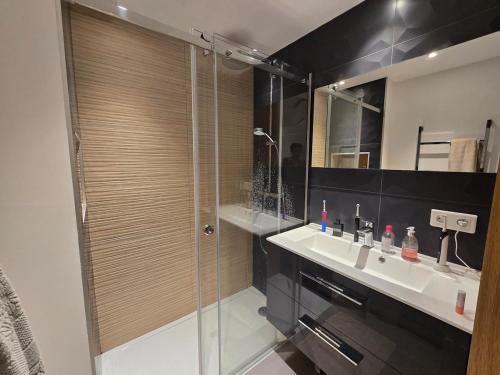 une salle de bain avec une douche en verre et un lavabo dans l'établissement Mazet moderne, vue mer, clim, piscine, à Roquebrune-sur Argens