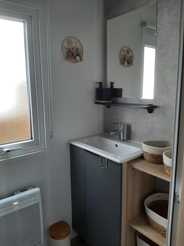 une salle de bain avec un lavabo et un miroir dans l'établissement Le Bora Bora 202, à Saint-Jean-de-Monts