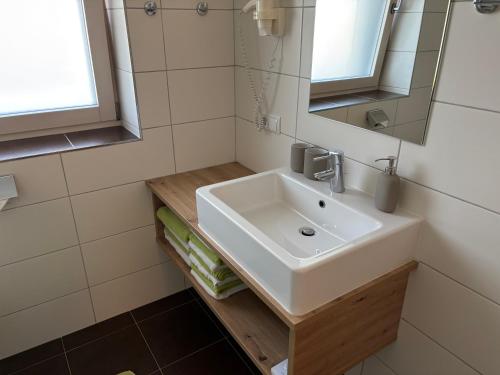 a bathroom with a sink and a mirror at Schweinberger Sixtus in Aschau