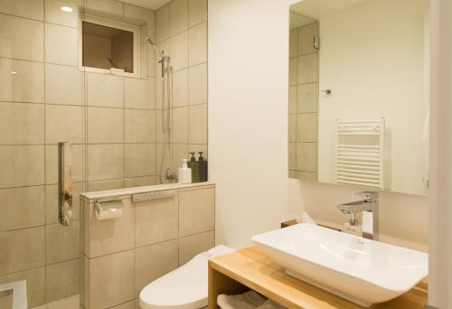 a bathroom with a sink and a toilet and a shower at Yuzuki in Kutchan
