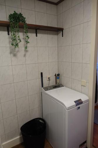 a white refrigerator in a room with a plant at Vechtdalchalet De Eik in Rheezerveen
