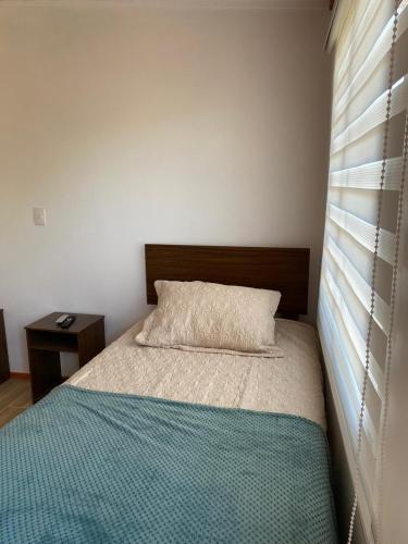 a bedroom with a bed with a pillow and a window at Hostal Panul in Panulcillo