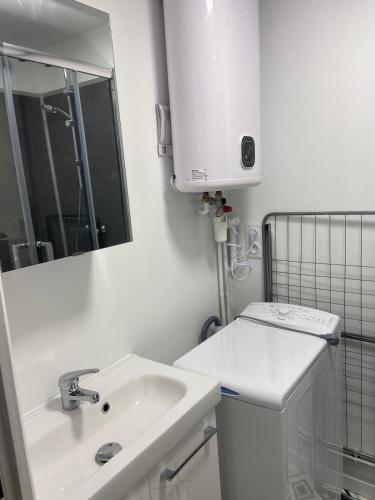 une salle de bain blanche avec un lavabo et un miroir dans l'établissement Appartement centre ville avec balcon, à Mont-Dore