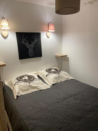 - un lit dans une chambre avec 2 oreillers dans l'établissement Appartement centre ville avec balcon, à Mont-Dore