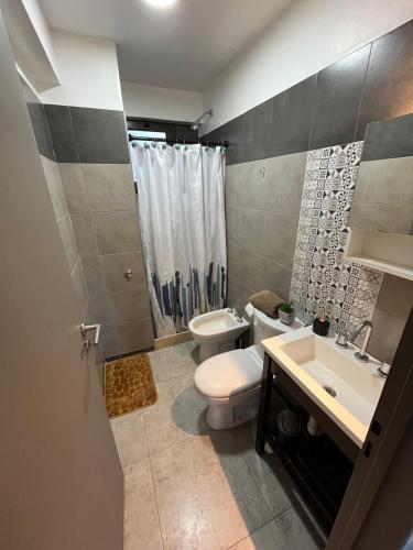 a bathroom with a toilet and a sink and a shower at Reina Victoria in San Juan