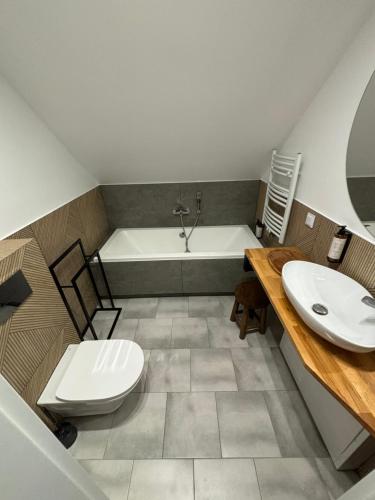a bathroom with a tub and a toilet and a sink at Enklawa Winiec - nowoczesny dom nad jeziorem, 6 sypialni, jacuzzi in Winiec