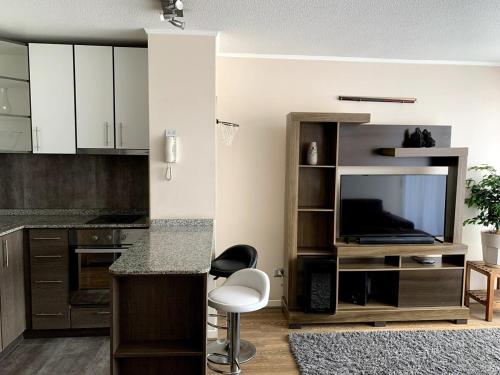 a kitchen with white cabinets and a tv and a counter at Relaxing apartment, exceptional location in Concepción