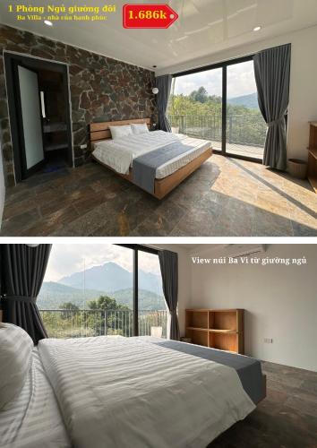a bedroom with two beds and a large window at Ba Villa - Nhà của Hạnh Phúc in Ba Vì