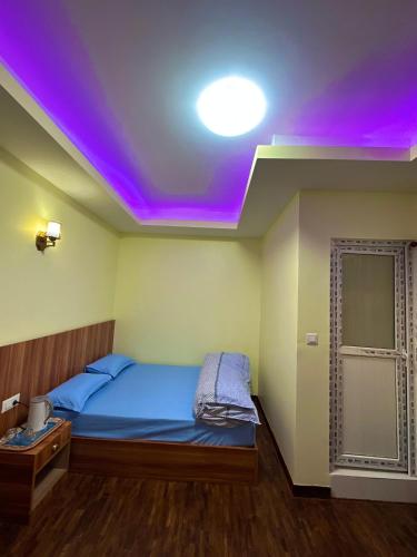 a bedroom with a bed with a purple ceiling at Dorje Homestay in Kathmandu