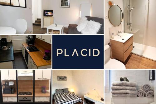 un collage de photos d'une salle de bains et d'une chambre dans l'établissement Le Turenne, T2 cozy et calme, wifi, tv, stationnement aisé, à Tours