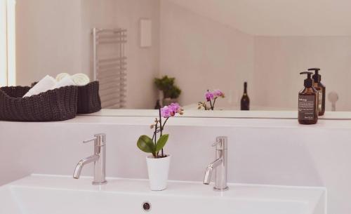 Un lavabo de baño con dos grifos y una flor encima. en One Only Nassa Penthouse with large private terrace, en Lugano