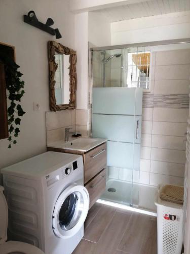 une salle de bain avec une machine à laver et un lavabo dans l'établissement Maison bord de mer climatisée en Corse, à Poggio-Mezzana