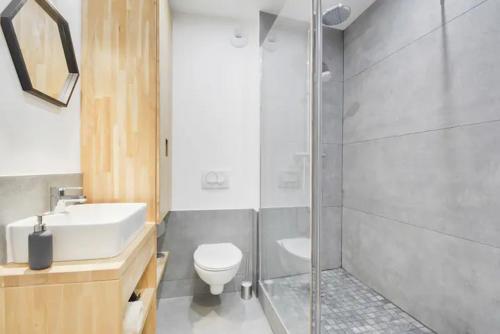 une salle de bain avec toilettes, lavabo et douche dans l'établissement Appartement place Stanislas 1er, à Nancy