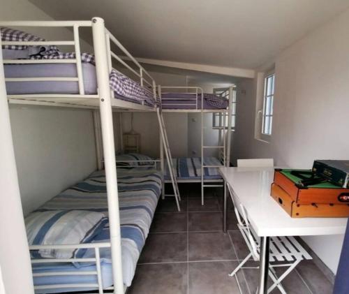 une chambre avec trois lits superposés et un bureau dans l'établissement L'hippocampe, à Saint-Georges-dʼOléron
