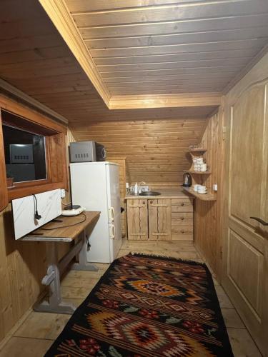 a kitchen with a refrigerator and a table and a rug at У Андрушка in Vorokhta