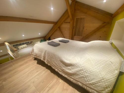 a bedroom with a large bed in a attic at Gite familial en Valromey in Brénaz