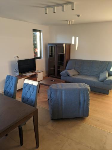 a living room with a blue couch and a table at Villa Evergreen in Kopaonik