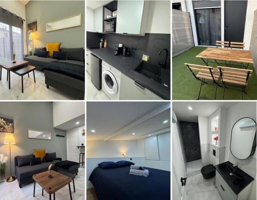 a collage of photos of a living room and a kitchen at Chic duplex Lyon avec terrasse in Vénissieux