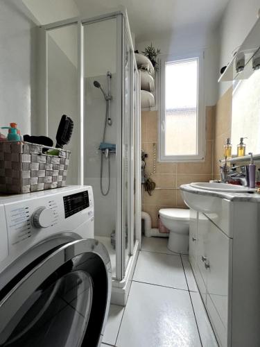 - un lave-linge dans la salle de bains pourvue d'un lavabo et de toilettes dans l'établissement Cocon à 5 min de Paris, à Maisons-Alfort