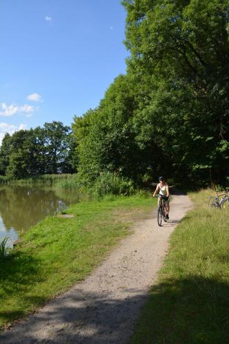 a person riding a bike on a path next to a lake at Ferienappartements "Landromantik" in Bautzen