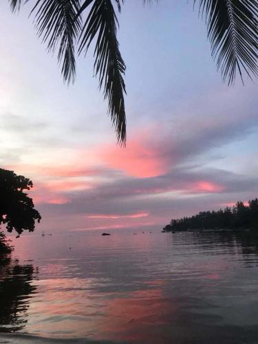 a sunset over a body of water with a palm tree at Smiley Bungalows Guesthouse in Srithanu
