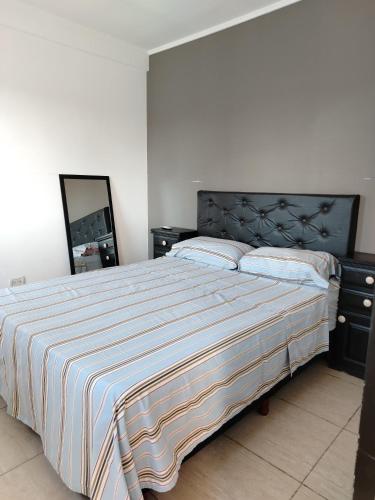 una camera da letto con un letto grande con una coperta a righe di DEPARTAMENTO PARA DOS PERSONAS EN ZONA CENTRICA a Zárate